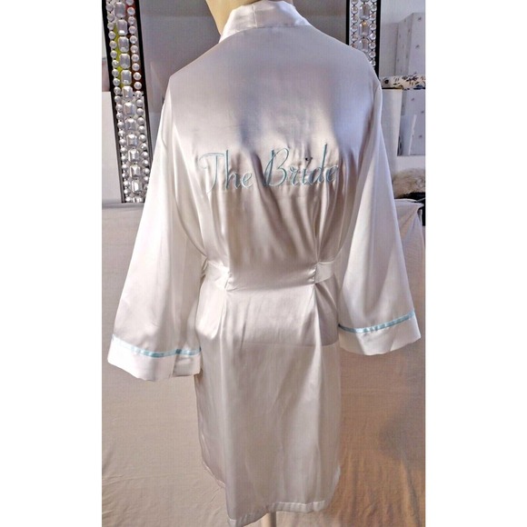 Satiny Bridal Robe With Tie Wrap Blue Trim Donatella (Medium) - Picture 2 of 4